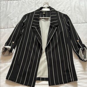 Revamped Black and White Pinstripe Blazer Open-Front Relaxed Fit